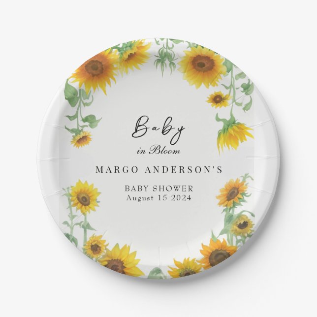 Gelbe Elegante Sonnenblume Sonnenblume Babydusche Pappteller (Vorderseite)