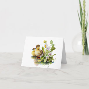 Gelbe Entchen mit Blumen Karte
