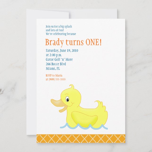 Gelbe Ente 12x18 Birthday Einladung - Orange (Vorderseite)