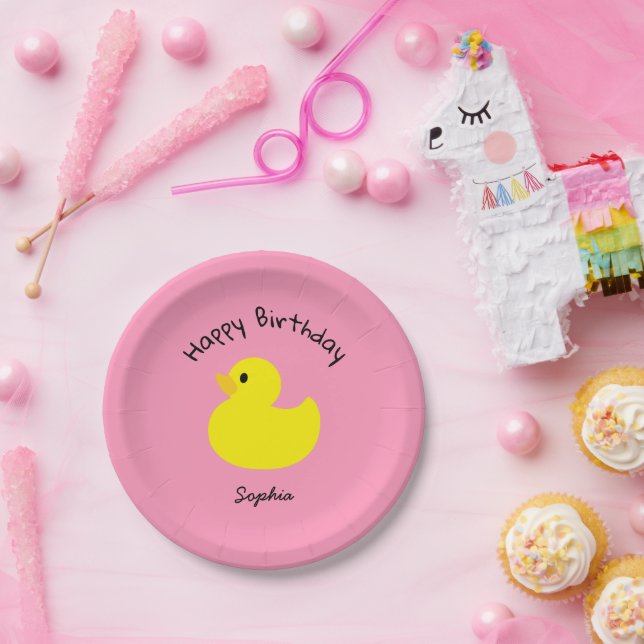 Gelbe Ente Happy Birthday Pink Farbe Pappteller (Party)