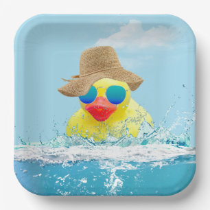 Gelbe Ente mit Sonnenbrille im Wasser Pappteller