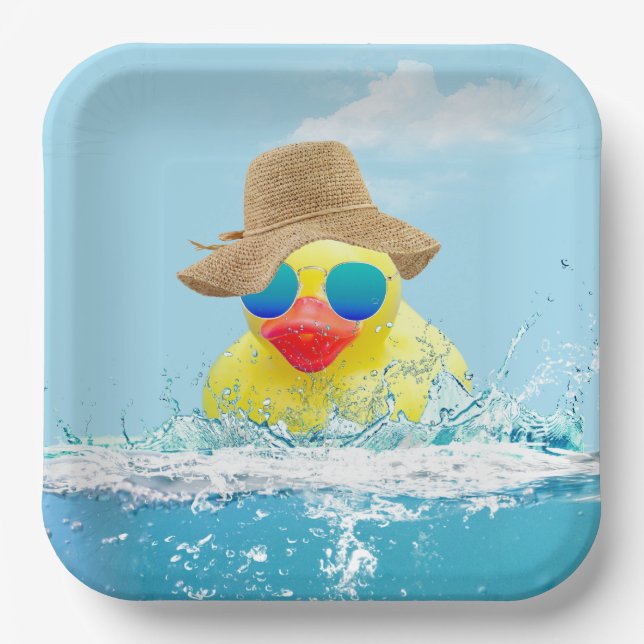 Gelbe Ente mit Sonnenbrille im Wasser Pappteller (Vorderseite)