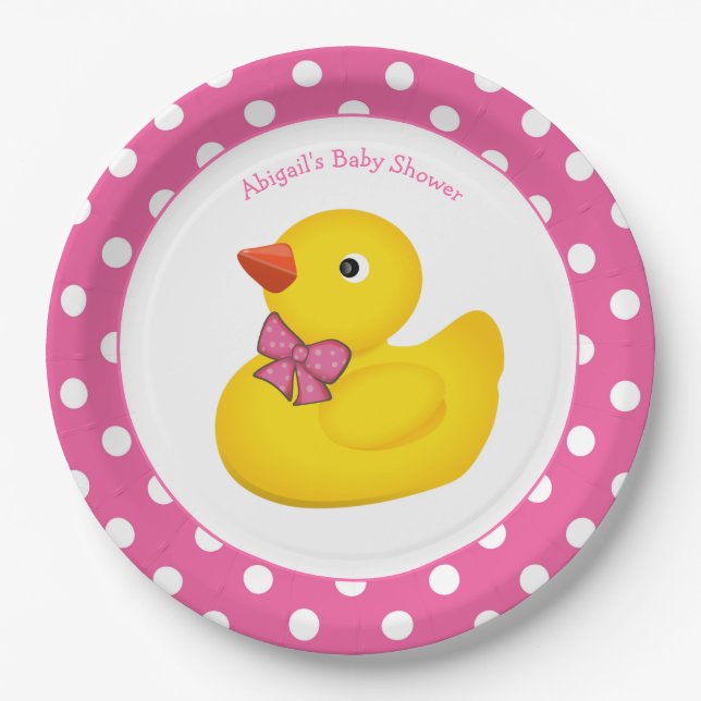 Gelbe Ente Pink Polka Dot Babydusche Papierplatte Pappteller (Vorderseite)