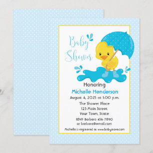 Gelbe Ente, Regenschirm, Blue Polka Dots Babydusch Einladung