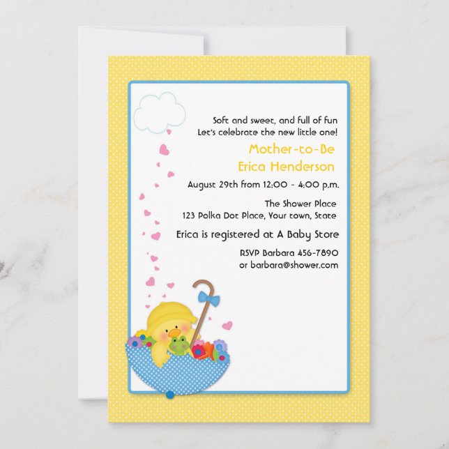 Gelbe Ente, Regenschirm, Herz, Babydusche Invitat Einladung (Vorderseite)