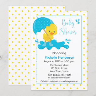 Gelbe Ente, Regenschirm und Polka Dots Babydusche Einladung