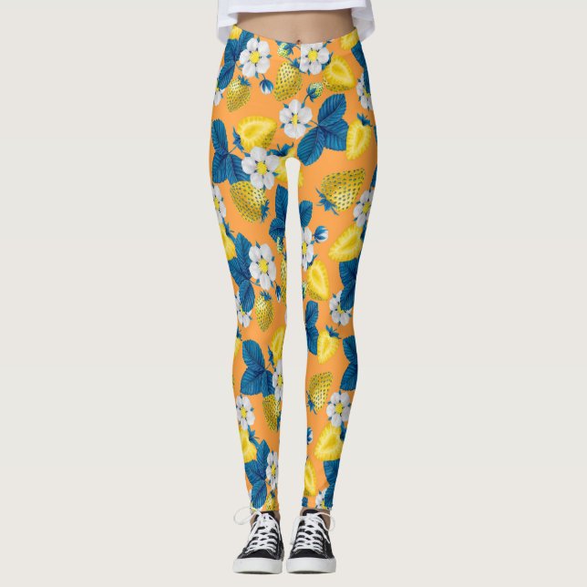 Gelbe Erdbeeren auf Orange Leggings (Vorderseite)