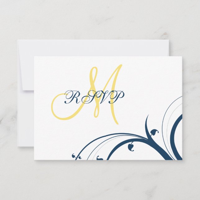 Gelbe erste, blaue Wirbel Hochzeitkarte für RSVP (Vorderseite)