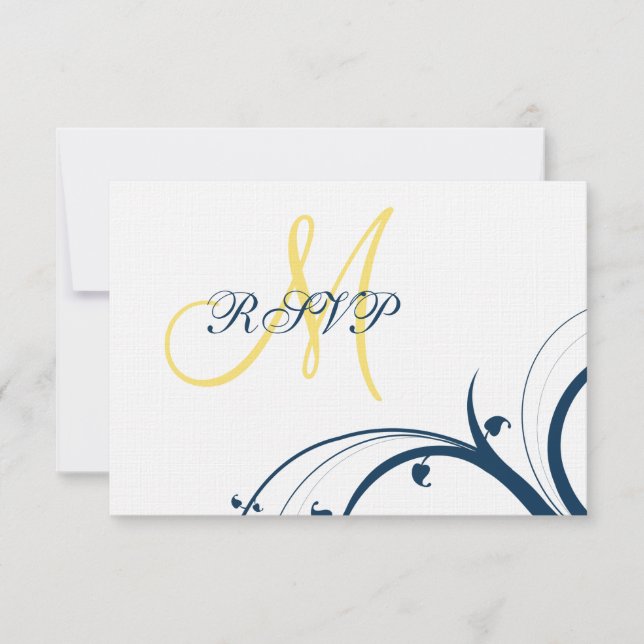 Gelbe erste, blaue Wirbel Hochzeitkarte für RSVP (Vorderseite)