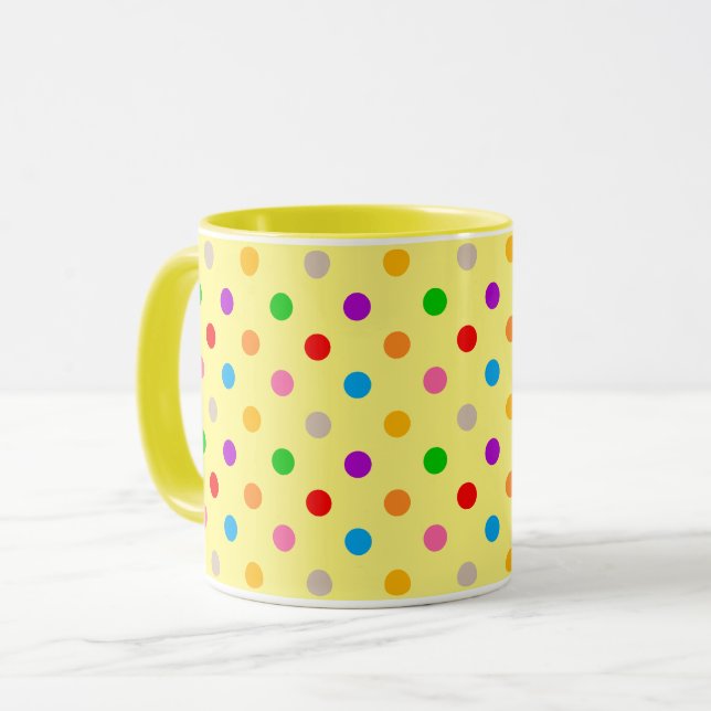 Gelbe farbenfrohe Regenbogen-Punkte-Design  Tasse (Vorderseite Links)
