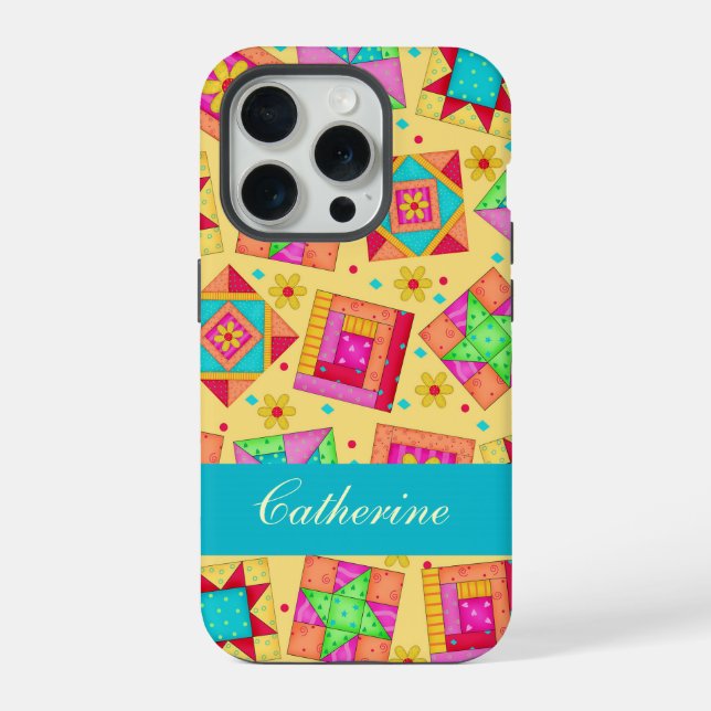 Gelbe farbige Patchwork-Quilt-Blockschaltfläche iPhone 15 Pro Hülle (Rückseite)