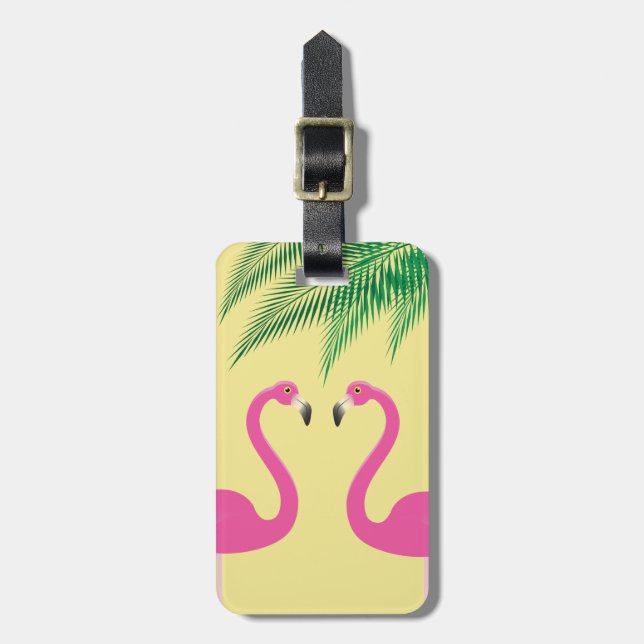 Gelbe Flamingos und Palm Blätter Gepäckmarke Gepäckanhänger (Vorderseite vertikal)