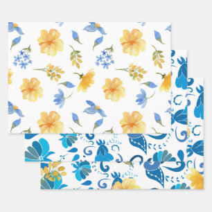 Gelbe Florale blaue Fliesen Italienische Brautpart Geschenkpapier Set