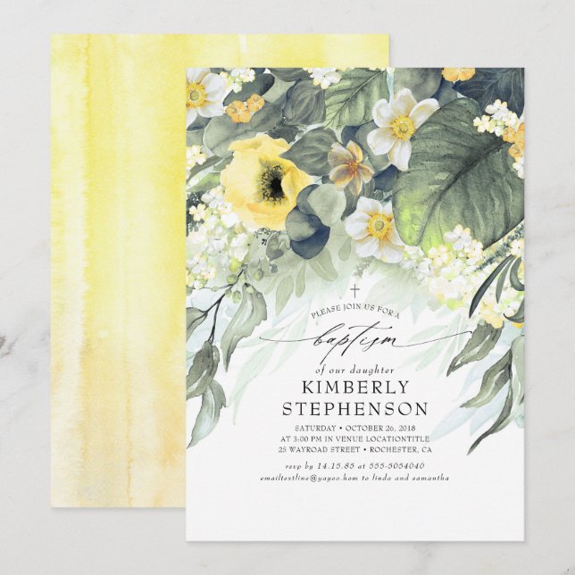 Gelbe florale Elegant Sommertaufe Einladung (Vorne/Hinten)