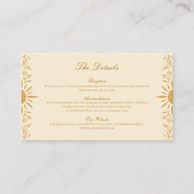 Gelbe florale Sonnenschein-Hochzeitskarte Begleitkarte (Vorderseite)