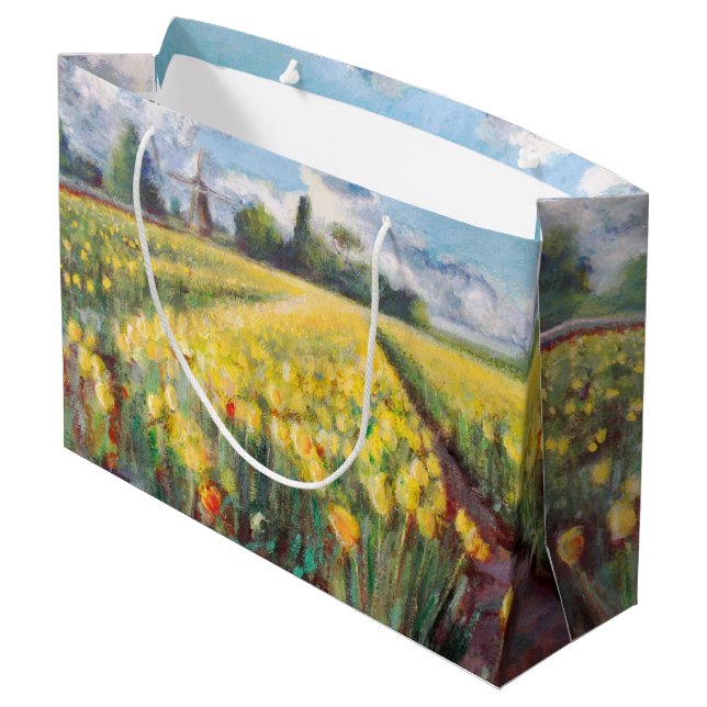 Gelbe Frühlings-Tulpe-Blumen-Impressionismus-Kunst Große Geschenktüte (Rückseite Schrägansicht)