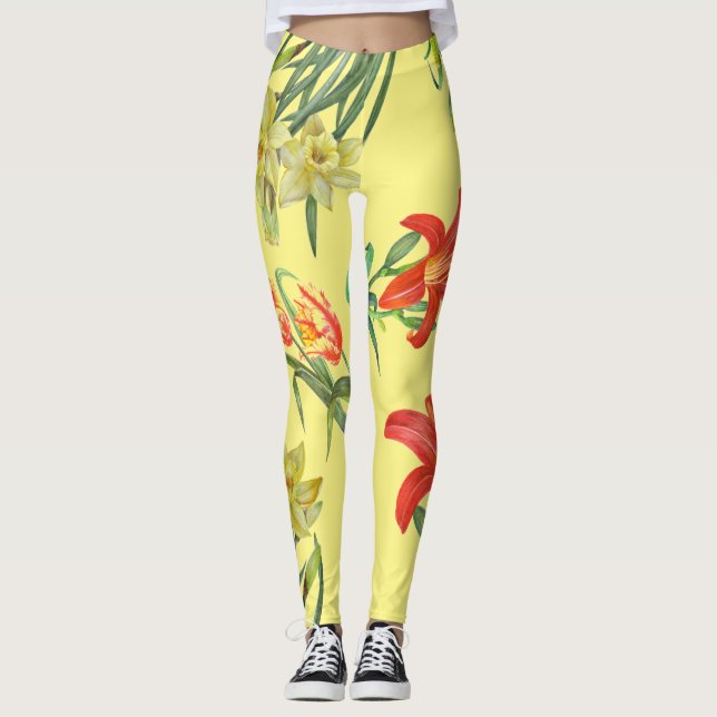 Gelbe Frühlingsblumen Blumenmuster Leggings (Vorderseite)