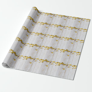 Gelbe Frühlingsblumen, weiße Putz. Geschenkpapier