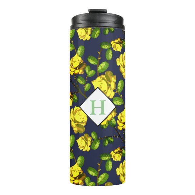 Gelbe Frühlingssäule Rose & Marine mit anfängliche Thermosbecher (Vorderseite)