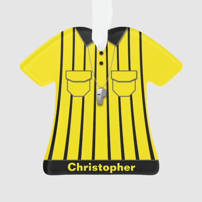 Gelbe Fußball-Referent-Uniform personalisiert Ornament (Vorderseite)