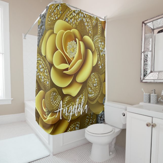 Gelbe Gärten mit goldenen Glitzer und Individuelle Duschvorhang (Beispiel)