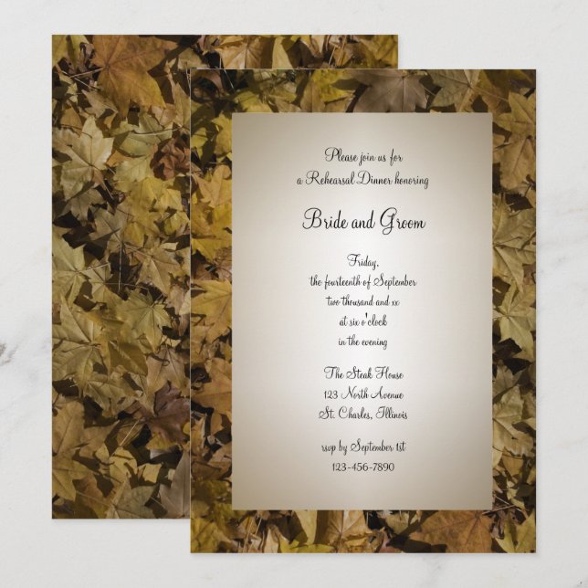Gelbe gefallene Blätter Hochzeit Probe Dinner Einladung (Vorne/Hinten)