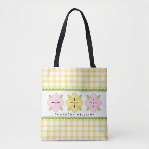 Gelbe Gingham-Blumenmonogramm Tasche