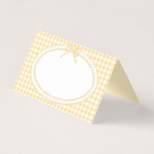 Gelbe Gingham Coquette-Bow-Platzkarten-Tischdekora (Vorderseite)