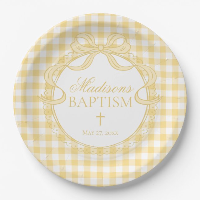 Gelbe Gingham Coquette-Schleife Taufe Pappteller (Vorderseite)