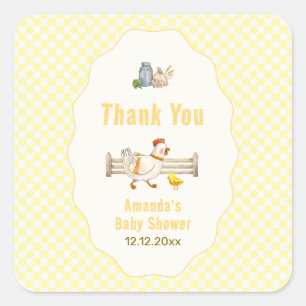 Gelbe Gingham Farm Frische Küken Babyparty  Quadratischer Aufkleber