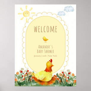 Gelbe Gingham-Garten-Chicken-Baby-Shower-Willkomme Poster