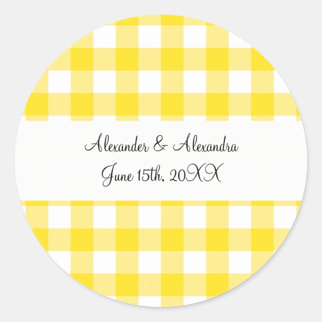 Gelbe Gingham-Gastgeschenke Hochzeiten Runder Aufkleber (Vorderseite)