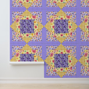 Gelbe Gingham-Lavendel-Quilt im Cottage-Stil Tapete