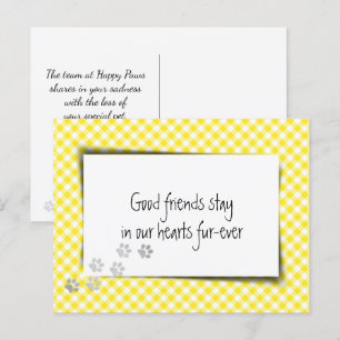 Gelbe Gingham-Tierverlust-Karte vom Tierarzt Postkarte