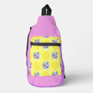 Gelbe Gingham und violette Blumen Land Crossbody Bag