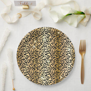 Gelbe Glam Gold Schwarzer Glitzer Leopard Pappteller