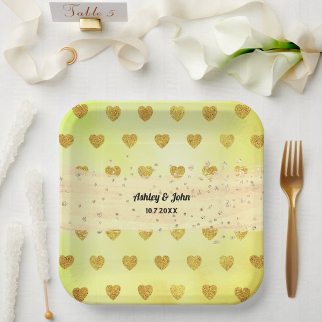 Gelbe Glitzer Herz Hochzeit Geburtstag Pappteller (Hochzeit)