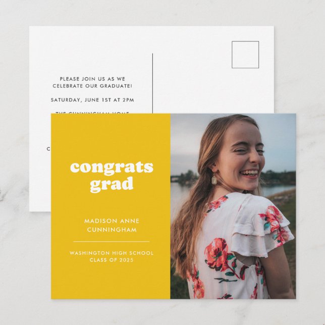 Gelbe Glückwunsch Grad Foto Abschluss Einladung Postkarte (Vorne/Hinten)