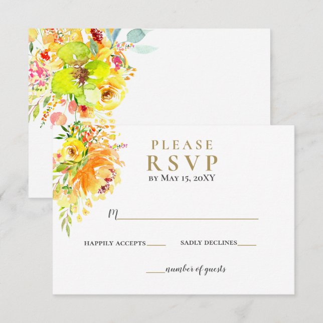 Gelbe goldene Blütenhochzeit RSVP Karte (Vorne/Hinten)