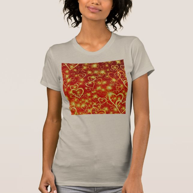 Gelbe goldene funkelnde Herzen auf rotem Hintergru T-Shirt (Vorderseite)