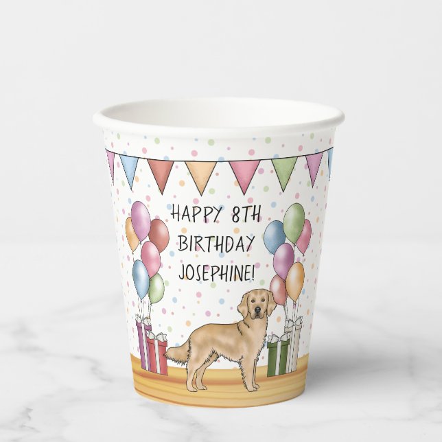 Gelbe goldene Retriever farbenfrohe Pasta Geburtst Pappbecher (Vorderseite)