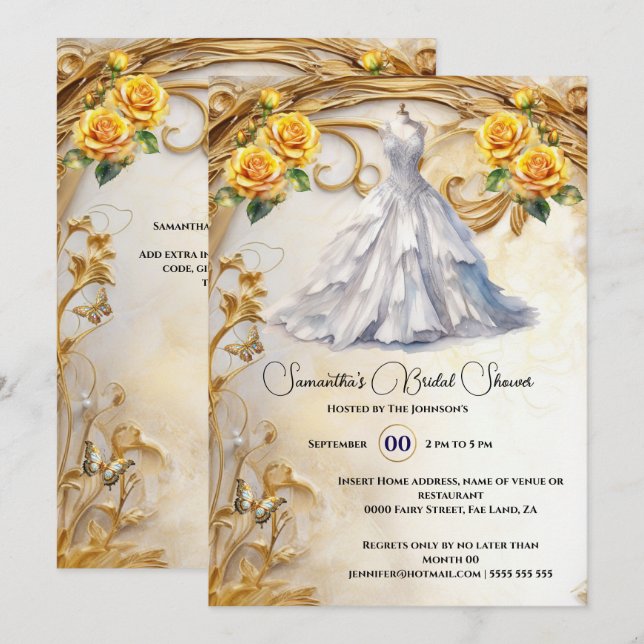 Gelbe goldene Rose aus Brautkleid, luxuriöse Blume Einladung (Vorne/Hinten)