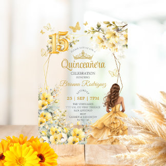 Gelbe goldene Tiara Blumen Schmetterling Quinceañe Acryleinladungen