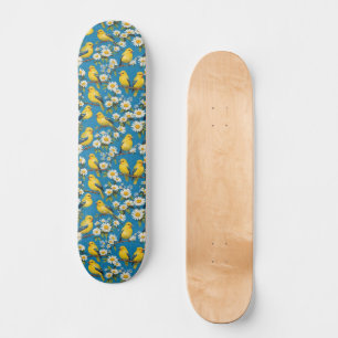 Gelbe Goldfinkenvögel auf Zweigen und weißen Milch Skateboard