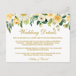Gelbe Goldflorale Hochzeitsdetails Beipackkarte Postkarte