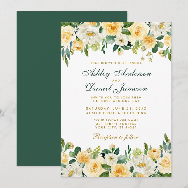 Gelbe goldgrüne Hochzeit Wasserfarbe Elegant Einladung (Vorne/Hinten)