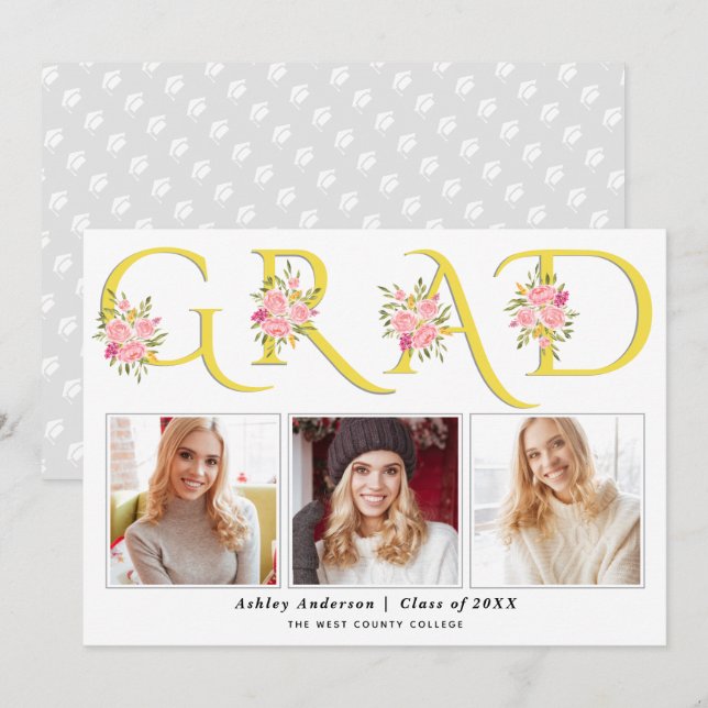 Gelbe GRAD-Typografie Rosenrosen Foto Abschluss Ankündigung (Vorne/Hinten)