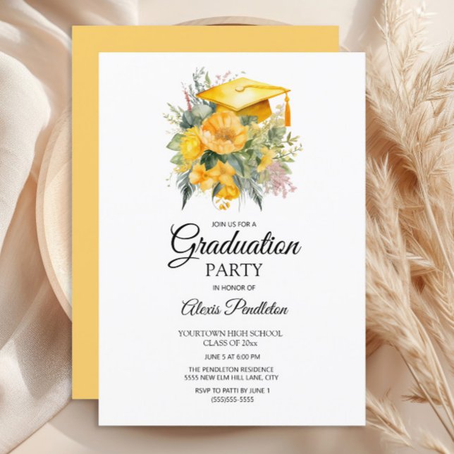 Gelbe Graduation Cap Floral High School Einladung (Yellow graduation cap party invitation)
