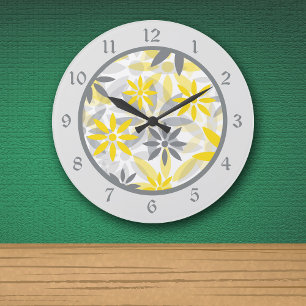 Gelbe graue Blume Graphic Große Wanduhr
