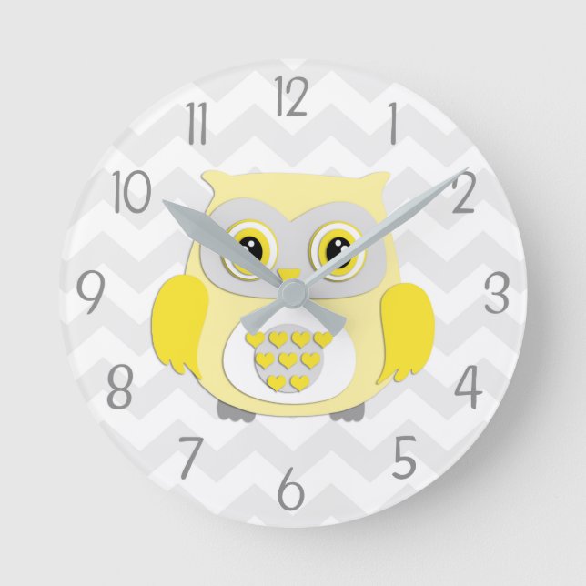Gelbe graue Eulen-Kinderzimmer-Wand-Uhr Runde Wanduhr (Vorderseite)